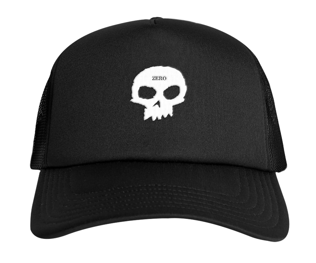 SINGLE SKULL PUFF PRINT TRUCKER HAT - BLACK