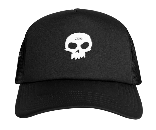 SINGLE SKULL PUFF PRINT TRUCKER HAT - BLACK